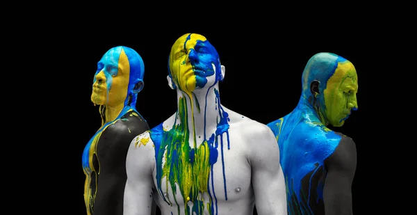 Collage colorato. Corpo e viso maschili ricoperti da vernici multicolori isolate su fondo nero. Diversità ed espressione — Foto Stock