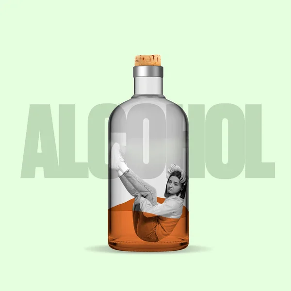 Contemporary art collage. Young desperate woman sitting in bottle with alcohol isolated over green background — Stock Photo, Image