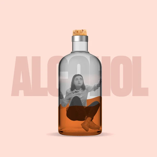 Contemporary art collage. Young woman trying to get out from bottle with alcohol isolated over peach background — Stock Photo, Image