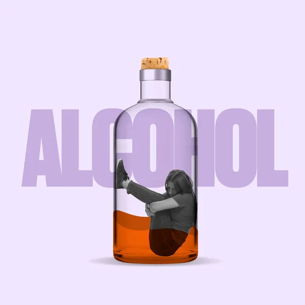 Contemporary art collage. Young crying woman sitting in bottle with alcohol isolated over purple background — Stock Photo, Image