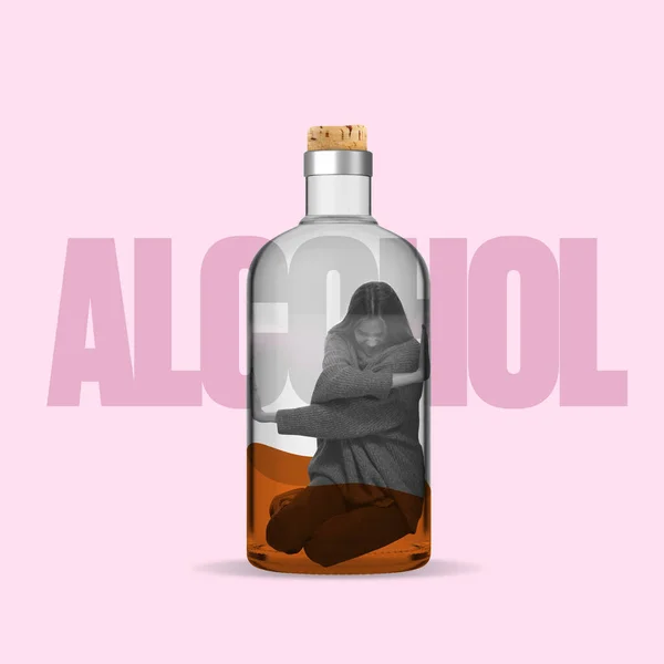 Contemporary art collage. Young woman trying to get out from bottle with alcohol isolated over pink background — Stock Photo, Image