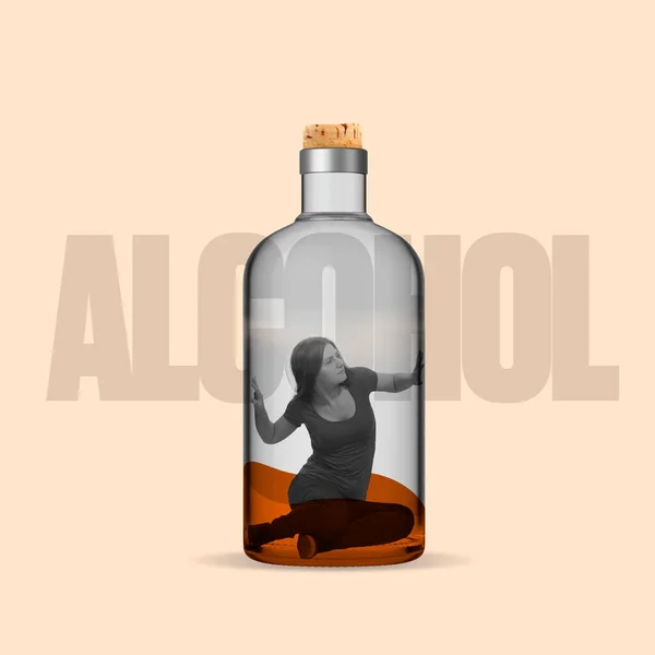 Contemporary art collage. Desperate woman trying to get out from bottle with alcohol isolated over peach background — Stock Photo, Image
