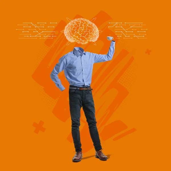 Contemporary art collage. Male body in official cloth with artificial brain scheme isolated over orange background — Stock Photo, Image