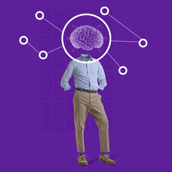 Contemporary art collage. Man silhouette, businessman with digital brain scheme isolated over purple background. Making calculations — Stock Photo, Image