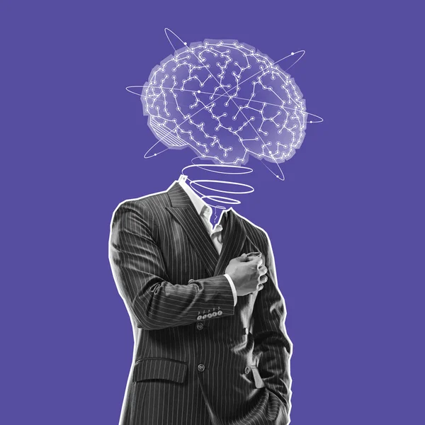 Contemporary art collage. Silhouette of businessman in stylish suit with digital brain scheme isolated over purple background — Stock Photo, Image