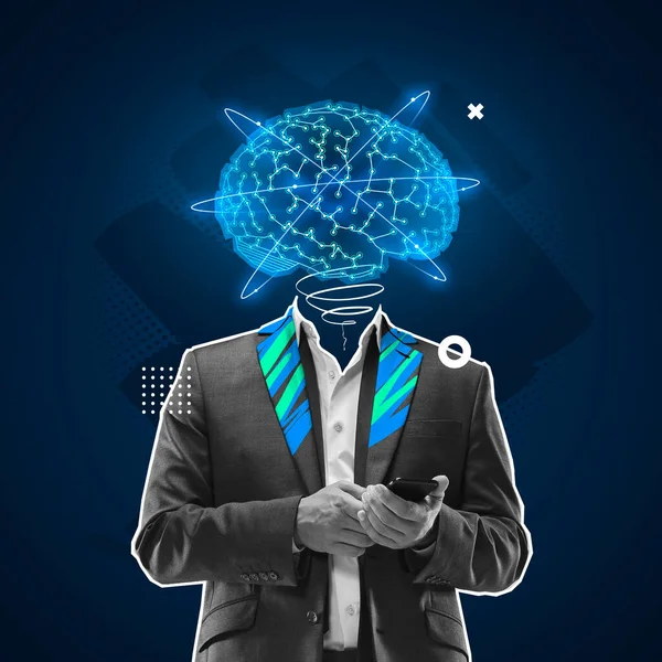 Contemporary art collage. Silhouette of businessman in stylish suit with digital brain scheme isolated over black background — Stock Photo, Image