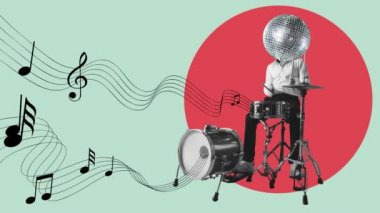 Çağdaş sanat kolajı, modern tasarım. Retro tarzı. Renkli arka planda davul çalan şık bir sanatçı. 4 bin. Hareketi durdur ve 2B animasyonu