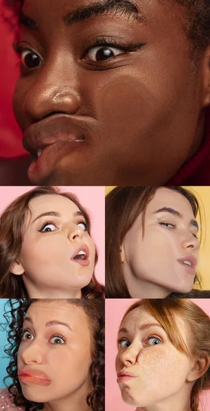 Vertical set of close-up faces of young girls and boys crushed on glass isolated on colored background. Concept of emotions, expressions, diversity. — Stock Photo, Image