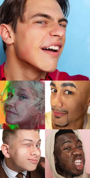 Ensemble vertical de visages rapprochés de jeunes garçons multi-ethniques écrasés sur du verre isolé sur fond coloré. Concept d'émotions, d'expressions, de diversité. — Photo