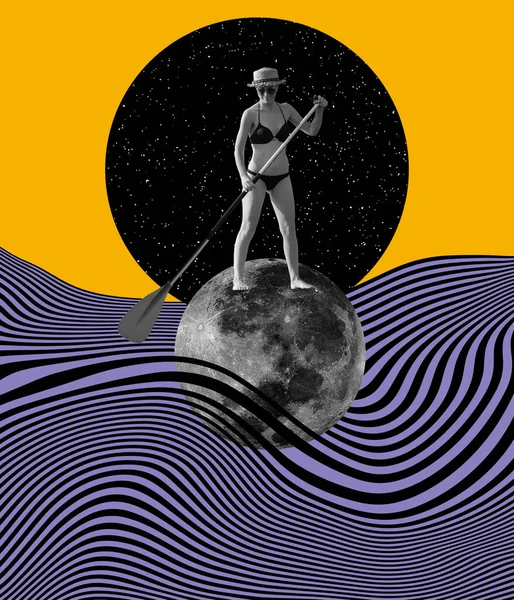 Colagem de arte contemporânea. Mulher de maiô em pé na lua e navegando sobre o espaço e deserto roxo — Fotografia de Stock