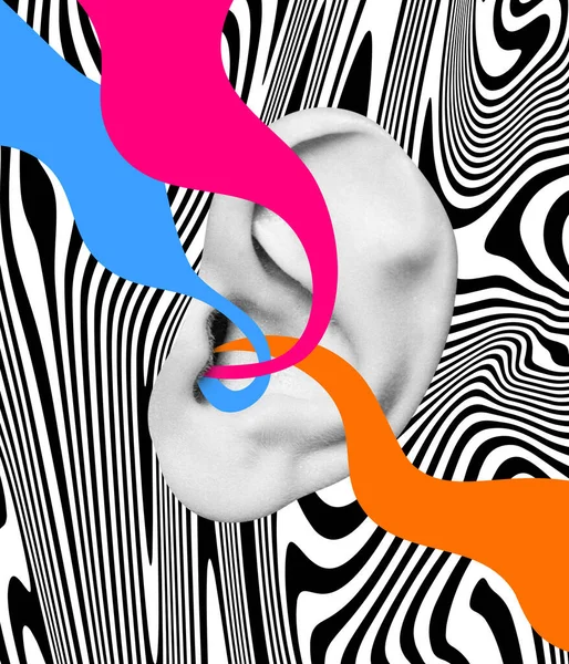 Colagem de arte contemporânea. Orelha humana com salpicos multicoloridos entrando isolado sobre fundo preto e branco. Diversidade de opinião — Fotografia de Stock