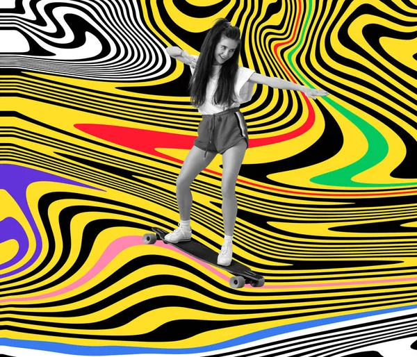 現代美術のコラージュ。若いですアクティブ女性スケート絶縁以上催眠多色の背景 — ストック写真