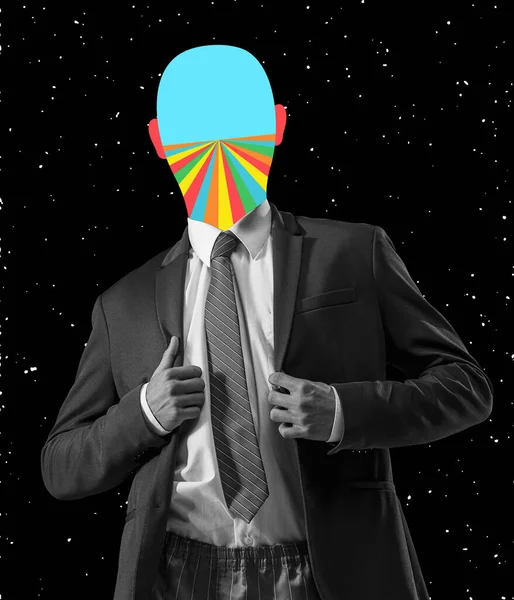 Contemporary art collage. Businessman in official black suit with multicolored head isolated over black starry background