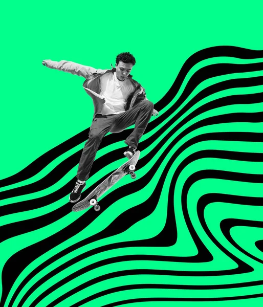 Collage de arte contemporáneo. Joven hombre activo, estudiante patinaje aislado sobre hipnótico multicolor fondo — Foto de Stock