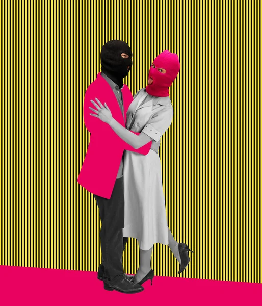 Kolaż sztuki współczesnej. Kochająca para w kostiumach retro z kominiarkami tańcząca na kolorowym tle — Zdjęcie stockowe