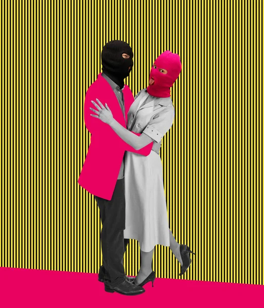 Contemporary art collage. Loving couple in retro costumes with balaclavas dancing isolated over colorful background