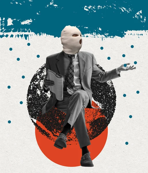 Contemporary art collage. Stylish businessman in a suit wearing white balaclava isolated over abstract background. Surrealism — Stock Photo, Image