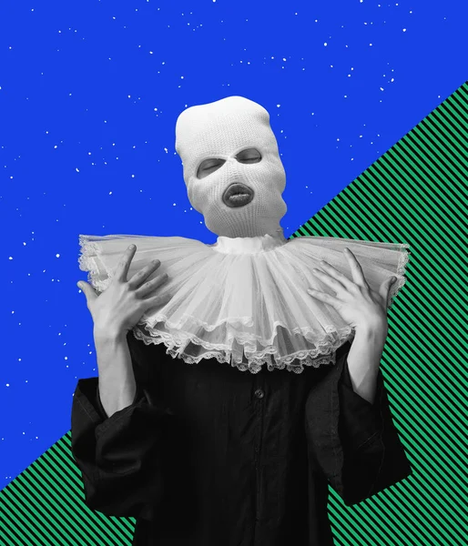 Kortárs művészeti kollázs. Nő, királyi személy fehér maszk pózol, így arcok elszigetelt kék és zöld háttér — Stock Fotó