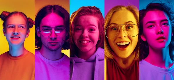 Σύνολο κοντινών πορτραίτων νεαρών συναισθηματικών ανθρώπων σε πολύχρωμο φόντο σε νέον — Φωτογραφία Αρχείου