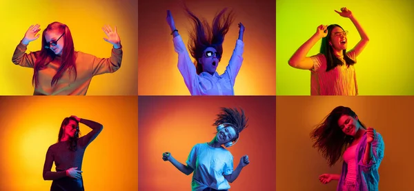 Collage. Porträtt av unga uttrycksfulla flickor glatt dans, poserar isolerade över flerfärgad bakgrund i neon ljus — Stockfoto