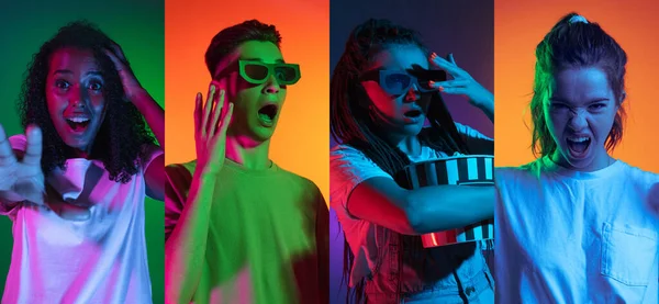 Kollázs. Fiatal, érzelmes emberek portréi elszigetelten pózolnak sokszínű háttérrel neonfényben — Stock Fotó