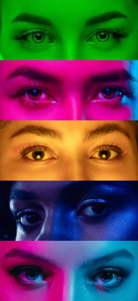 Colagem de corte multiétnico olhos masculinos e femininos colocados em listras estreitas em luzes de néon — Fotografia de Stock