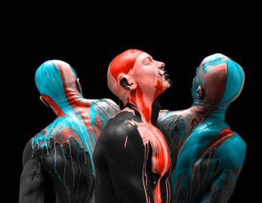 Sanat eserleri. Genç kel adamlardan yapılmış kolaj, siyah arka planda izole edilmiş çok renkli boyalarla kaplı çıplak göğüslü modeller. Yaratıcılık, sanat, güzellik