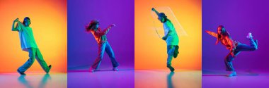 Collage with young break dance or hip hop dancers dancing isolated over multicolored background in neon. clipart