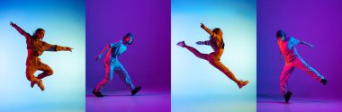 Genç break dansçılarla kolaj ya da hip hop dansçıları neon renkli arka planda yalnız dans ediyorlar..