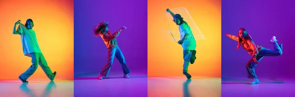 Collage met jonge breakdance of hip hop dansers dansen geïsoleerd over veelkleurige achtergrond in neon. — Stockfoto