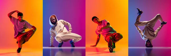 Samengesteld beeld met mannen dansen breakdance geïsoleerd op gradiënt oranje en paarse achtergrond. — Stockfoto