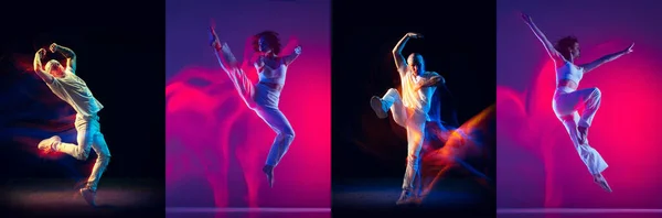 Collage med ung energisk flicka och pojke, hip-hop dansare dans isolerad på mörk bakgrund med blandad neon ljus. — Stockfoto