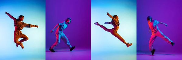 Kolase dengan break dance muda atau penari hip hop menari terisolasi di atas warna-warni latar belakang di neon. — Stok Foto