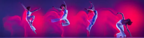Jovem menina flexível, dançarina de hip-hop em roupas brancas dançando isolado em fundo brilhante com luz de néon mista. — Fotografia de Stock