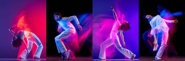 Коллаж с молодой энергичной девушкой и мальчиком, танцовщицы хип-хопа танцуют изолированно на темном фоне со смешанным неоновым светом. — стоковое фото