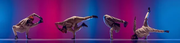 男性ダンスヒップホップとの複合画像,グラデーションピンク青の背景に白い服のブレークダンス. — ストック写真