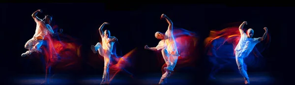 Kompositbild mit stilvollem Mann, der Hip-Hop tanzt, Breakdance in weißer Kleidung auf dunklem Hintergrund mit gemischtem Neonlicht. — Stockfoto