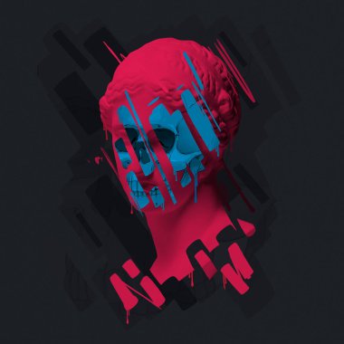 Çağdaş sanat kolajı. Fikirler, ilham, sihir. Renkli kafatası olan kompozisyon antik heykel büstünün yüzü, kafa. Cadılar Bayramı kavramı, sanat, yaratıcılık