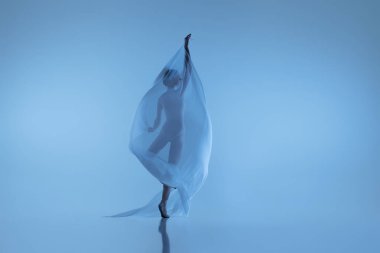 Esnek kadın portresi, kumaşla dans eden zarif balerin mavi stüdyo arka planında izole edilmiş kumaş. Zarafet, sanat, güzellik konsepti. Ağırlıksız, şefkatli..