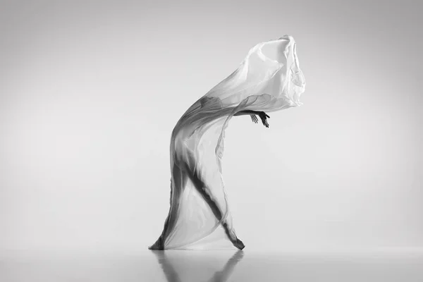 Schwarz-weißes Porträt einer anmutigen Ballerina, die mit Stoff tanzt, Stoff isoliert auf grauem Studiohintergrund. Anmut, Kunst, Schönheitskonzept. Schwerelos, flexibel. — Stockfoto