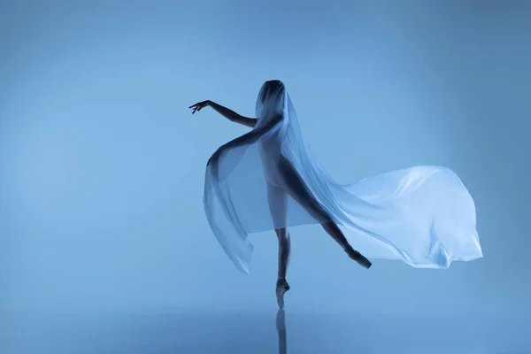 Ritratto di donna flessibile, ballerina graziosa che balla con tessuto, panno isolato su sfondo blu da studio. Grazia, arte, concetto di bellezza. Senza peso, tenerezza. — Foto Stock