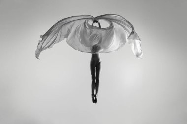 Gri stüdyo arka planında izole edilmiş kumaşla dans eden zarif balerinin siyah beyaz portresi. Zarafet, sanat, güzellik konsepti. Ağırlıksız, esnek..