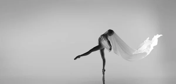 Black and white portrait of graceful ballerina dancing with fabric, cloth isolated on grey studio background. Grace, art, beauty concept. Weightless, flexible. — Stock Photo, Image