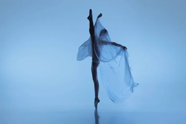 Porträt einer flexiblen Frau, anmutige Ballerina, die mit Stoff tanzt, Stoff isoliert auf blauem Studiohintergrund. Anmut, Kunst, Schönheitskonzept. Schwerelos, zärtlich. — Stockfoto