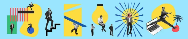 Bright contemporary collage made of shots of young men, managers working hardly isolated over blue background. Concept of business lifestyle, finance, career — Stock Photo, Image