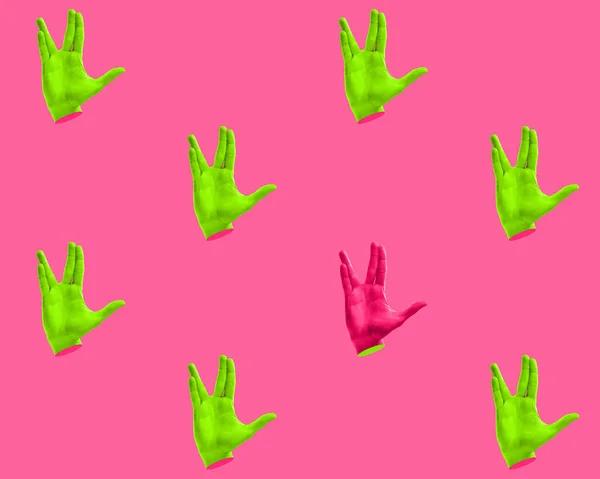 Collage d'arte moderna in stile pop-art. Opere d'arte contemporanea minimalista in colori vivaci al neon con le mani gesticolando su sfondo rosa. Modello di design psichedelico. — Foto Stock