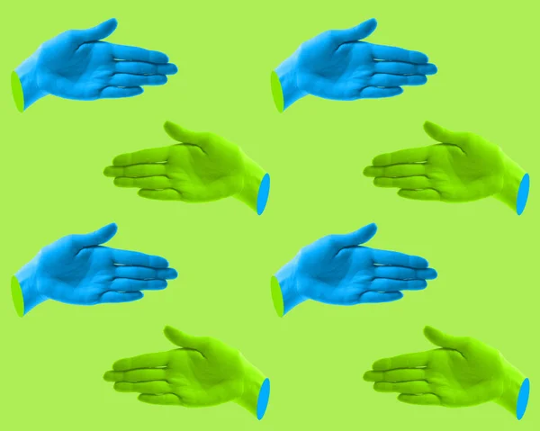 Modern art collage in pop-art style. Contemporary minimalistic artwork in neon bold colors with hands gesturing on green background. Psychedelic design pattern. — Stock Photo, Image