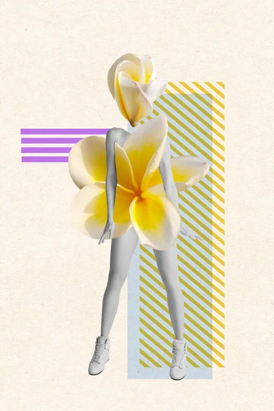 Surrealismo. Colagem de arte contemporânea. Corpo feminino magro com bela flor em vez de roupas isoladas em fundo claro. Conceito de verão, férias, resort, humor, beleza, arte — Fotografia de Stock