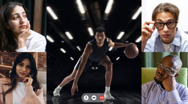 Kolaj. Duygusal gençler, kadın ve erkek evde basketbol çevirisi seyrediyor, takımı neşelendiriyorlar. Top sürme hareketi.