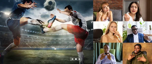 Collage. Jóvenes emotivos, hombres y mujeres viendo traducción de fútbol en casa, animando al equipo. Discutiendo el campeonato — Foto de Stock